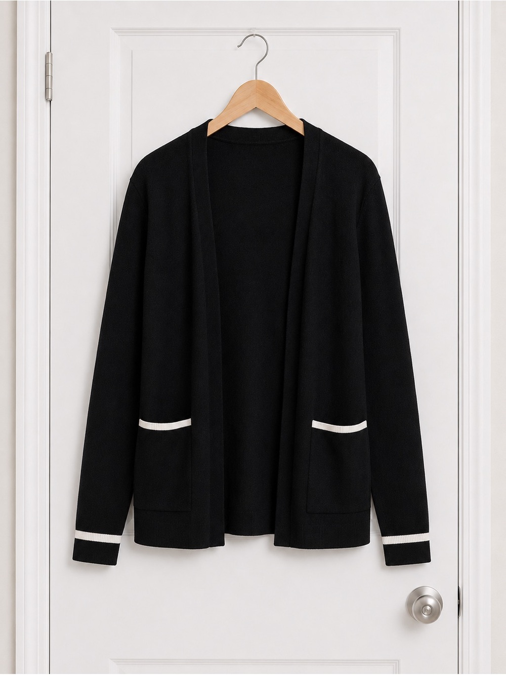 Cyrus Black Open-Front Cardigan Blazer with White Trim Sz S